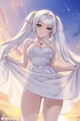 Rule 34 | 1girl, bare arms, bare shoulders, blue eyes, breasts, cleavage, cowboy shot, dress, earrings, frieren, head tilt, helloimtea, highres, jewelry, long hair, looking at viewer, outdoors, pointy ears, skirt hold, sleeveless, sleeveless dress, small breasts, solo, sousou no frieren, spaghetti strap, standing, thighs, twintails, very long hair, white dress, white hair