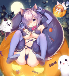 Rule 34 | 2girls, :d, :o, animal ears, artist name, blush, breasts, brown hair, candy, cosplay, elbow gloves, fate/grand order, fate (series), feet, food, fou (fate), fou (fate) (cosplay), fujimaru ritsuka (female), full moon, fur-trimmed gloves, fur-trimmed legwear, fur collar, fur trim, futaba miwa, ghost, gloves, hair over one eye, halloween, jack-o&#039;-lantern, lollipop, lying, mash kyrielight, mash kyrielight (dangerous beast), medium breasts, moon, multiple girls, navel, night, no shoes, official alternate costume, on back, open mouth, orange hair, purple eyes, purple gloves, purple hair, purple legwear, revealing clothes, short hair, signature, smile, sparkle, tail, thighhighs, thighs, toes, wolf ears, wolf tail
