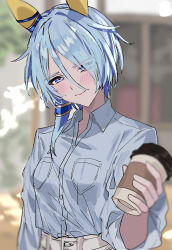 Rule 34 | 1girl, animal ears, blue eyes, blue hair, blue shirt, blurry, blurry background, blush, coffee cup, commentary request, cup, disposable cup, ear covers, hair between eyes, highres, horse ears, horse girl, k.s.miracle (umamusume), looking at viewer, m75255831, official alternate costume, outdoors, pants, shirt, smile, solo, umamusume, upper body, white pants