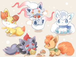 Rule 34 | :&lt;, alolan form, alolan vulpix, animal, animal focus, blue eyes, blue scarf, closed mouth, commentary request, creatures (company), fennekin, game freak, gen 1 pokemon, gen 5 pokemon, gen 6 pokemon, gen 7 pokemon, hat, hisuian zorua, kana (maple926), looking up, mittens, mushroom, nintendo, no humans, open mouth, pokemon, pokemon (creature), pokemon legends: arceus, red eyes, red scarf, scarf, simple background, sitting, split mouth, thick eyebrows, toes, vulpix, yarn, yellow eyes, zorua