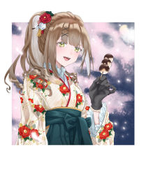 Rule 34 | 1girl, absurdres, black gloves, blush, chinese commentary, finellen, flower, food, girls&#039; frontline, girls&#039; frontline neural cloud, gloves, green eyes, hair flower, hair ornament, hairclip, hakama, highres, holding, holding food, japanese clothes, kimono, light brown hair, long hair, looking at viewer, open mouth, ponytail, sakuya (neural cloud), simple background, smile, solo, teeth, upper body, upper teeth only, white day, wide sleeves