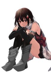 Rule 34 | 1girl, armor, bare shoulders, black gloves, black skirt, boots, closed mouth, elbow gloves, fingerless gloves, full body, gloves, greaves, grey scarf, hair between eyes, hair ornament, highres, kantai collection, looking at viewer, armored boots, pleated skirt, rinto (rint rnt), scarf, sendai (kancolle), sendai kai ni (kancolle), short hair, simple background, skirt, smile, solo, tassel, two side up, white background