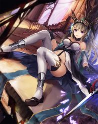Rule 34 | :d, bare shoulders, blonde hair, breasts, choker, detached sleeves, dress, eruthika, fantasy, gloves, hair ornament, helmet, highres, holding, leaning back, long hair, looking at viewer, mary janes, medium breasts, open mouth, orb, original, purple eyes, shin guards, shoes, sitting, smile, solo, strapless, strapless dress, thighhighs, very long hair, white thighhighs