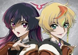 1boy 1girl afterall2525 black_hair blonde_hair braided_sidelock brown_jacket code_geass code_geass:_dakkan_no_roze collar commentary_request dual_persona finger_gun geass green_eyes grey_background hair_between_eyes hood hood_down hooded_jacket jacket long_hair long_sleeves looking_at_viewer metal_collar multicolored_hair open_mouth pink_eyes roze_(code_geass) short_hair single_sidelock sleeves_past_wrists streaked_hair sumeragi_sakuya upper_body