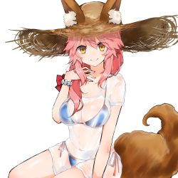 Rule 34 | 1girl, animal ears, bikini, bikini under clothes, blue bikini, bracelet, breasts, brown hat, cleavage, collarbone, ears through headwear, fate/grand order, fate (series), fox ears, fox tail, hair over shoulder, hand on own chest, hat, highres, jewelry, large breasts, long hair, looking at viewer, navel, orange ribbon, pink hair, ribbon, see-through, shirt, short sleeves, side-tie bikini bottom, simple background, sitting, solo, stomach, straw hat, string bikini, swimsuit, tail, takae (poupee en biscuit), tamamo (fate), tamamo no mae (fate/extra), tamamo no mae (swimsuit lancer) (fate), tamamo no mae (swimsuit lancer) (second ascension) (fate), tareme, thighs, wet, wet clothes, wet shirt, white background, white shirt, yellow eyes