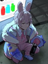 Rule 34 | 1boy, ahoge, animal ears, backlighting, can, denied art, genderswap, genderswap (ftm), hair ornament, highres, holding, holding can, jacket, monster energy, multicolored clothes, multicolored jacket, overalls, phase connect, pink eyes, pink hair, pink overalls, pink ribbon, pipkin pippa, rabbit boy, rabbit ears, rabbit hair ornament, ribbon, slav squatting, squatting, vending machine, virtual youtuber