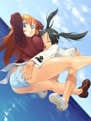 Rule 34 | 2girls, ass, blue eyes, blue panties, breasts, brown hair, charlotte e. yeager, cloud, day, francesca lucchini, grin, highres, hyou itto, jpeg artifacts, large breasts, long hair, midair, multiple girls, no socks, ocean, panties, sky, smile, strike witches, striped clothes, striped panties, trefoil, underwear, world witches series