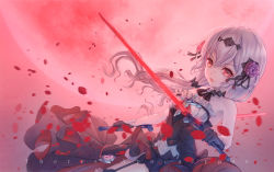 Rule 34 | 1girl, absurdres, bare shoulders, black dress, black footwear, black gloves, boots, character name, closed mouth, diaoling, dress, dual wielding, flower, gloves, hair flower, hair ornament, highres, holding, holding sword, holding weapon, honkai (series), honkai impact 3rd, lips, long hair, looking at viewer, moon, night, night sky, outdoors, petals, red eyes, red flower, red moon, red rose, rose, sky, sleeveless, sleeveless dress, solo, sword, theresa apocalypse, theresa apocalypse (luna kindred), thigh boots, thighhighs, twintails, weapon, white hair