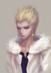 Rule 34 | 1boy, aqin2, bad id, bad pixiv id, blonde hair, casual, coat, earrings, fate/stay night, fate (series), fur coat, gilgamesh (fate), hair up, jewelry, mahou kyuuri, male focus, official alternate costume, realistic, red eyes, simple background, solo
