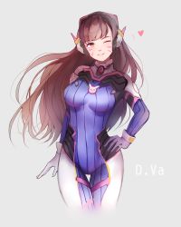 Rule 34 | 1girl, ;d, animal print, arm at side, armor, bad anatomy, blue bodysuit, bodysuit, bracer, breasts, breasts apart, brown eyes, brown hair, character name, chayuu, cowboy shot, d.va (overwatch), eyelashes, facepaint, facial mark, gloves, gluteal fold, grey background, hand on own hip, headphones, heart, lips, long hair, long sleeves, medium breasts, nose, one eye closed, open mouth, overwatch, overwatch 1, pauldrons, pilot suit, pink lips, rabbit print, ribbed bodysuit, shoulder armor, shoulder pads, simple background, skin tight, smile, solo, teeth, thigh gap, turtleneck, whisker markings, white gloves