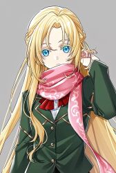 Rule 34 | 1girl, blonde hair, blue eyes, blush, dragon raja, female focus, green jacket, grey background, jacket, long hair, looking at viewer, school uniform, solo focus, zero (dragon)