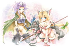 Rule 34 | 2girls, angela (seiken densetsu 3), animal ears, bad id, bad pixiv id, blonde hair, blue eyes, boots, breasts, cape, chain, cleavage, earrings, fenrir knight, gloves, green eyes, horns, jewelry, kneeling, long hair, low-tied long hair, magus (seiken densetsu 3), michii yuuki, multiple girls, navel, pointy ears, polearm, purple hair, riesz, seiken densetsu, seiken densetsu 3, single horn, spear, square enix, staff, thigh boots, thighhighs, weapon, wolf, wolf ears