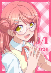 Rule 34 | 1girl, absurdres, aqua shirt, artist name, artist request, bb/bj, blush, bow, bowtie, breasts, bunji, collared shirt, female focus, fingers together, glasses, green eyes, hair bun, hair ornament, hairclip, highres, looking at viewer, love live!, love live! nijigasaki high school idol club, neck ribbon, nijigasaki academy school uniform, orange hair, own hands together, parted lips, pink background, pink neckwear, red hair, red neckwear, ribbon, school uniform, shirt, short hair, side bun, single hair bun, single side bun, small breasts, smile, solo, star (symbol), star hair ornament, sweater, sweater vest, uehara ayumu, upper body, vest, white shirt, yellow eyes, yellow vest