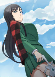 Rule 34 | 1girl, black hair, blazer, blue eyes, blue sky, burn the witch, closed mouth, cloud, dutch angle, easy (aqk7bdqt), floating hair, from below, frown, green jacket, green skirt, gun, holding, holding gun, holding weapon, holster, jacket, long hair, long sleeves, looking down, miniskirt, niihashi noel, plaid capelet, pleated skirt, skirt, sky, solo, standing, straight hair, sunlight, thigh holster, very long hair, weapon