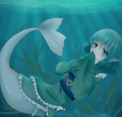 Rule 34 | 1girl, blue eyes, blue hair, bubble, covering own mouth, fins, head fins, highres, japanese clothes, kimono, kyun (vacaloid), mermaid, monster girl, obi, sash, seaweed, short hair, touhou, underwater, wakasagihime