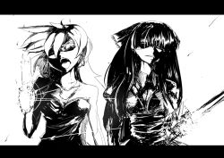 Rule 34 | 10s, 2girls, angry, greyscale, hair over one eye, high contrast, long hair, monochrome, multiple girls, panty &amp; stocking with garterbelt, panty (psg), serious, siblings, sisters, stocking (psg), taichi (tomo), thighhighs