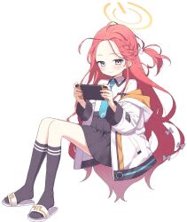 Rule 34 | billbung, blue archive, blue eyes, blue necktie, braid, forehead, halo, hood, hooded jacket, jacket, kneehighs, light smile, looking at viewer, multicolored clothes, multicolored jacket, necktie, nintendo switch, one side up, parted bangs, playing games, pleated skirt, red hair, sandals, sitting, skirt, slippers, socks, white background, yuzu (blue archive)