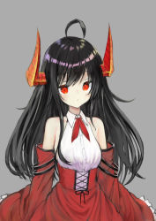 Rule 34 | 1girl, ahoge, black hair, blush, breasts, choro tofu, closed mouth, collared shirt, commentary request, curled horns, detached sleeves, dress shirt, grey background, hair between eyes, high-waist skirt, highres, horns, long hair, long sleeves, looking at viewer, neckerchief, original, red eyes, red neckerchief, red skirt, red sleeves, shirt, simple background, skirt, sleeves past fingers, sleeves past wrists, small breasts, solo, very long hair, white shirt, wide sleeves