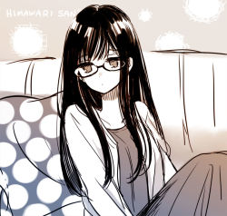 Rule 34 | 1girl, black hair, character name, collarbone, copyright name, couch, expressionless, glasses, himawari-san, himawari-san (character), long hair, long skirt, looking at viewer, looking away, monochrome, official art, pillow, polka dot, polka dot pillow, sitting, skirt, solo, sugano manami, sweater, very long hair