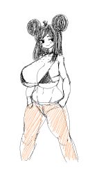 Rule 34 | 1girl, ahoge, bare shoulders, bikini, black bikini, black bra, black choker, bra, breasts, choker, cleavage, collarbone, dracoarcto, freckles, friday night funkin&#039;, groin, hair bun, huge breasts, midriff, mob face, momo (saruky), navel, simple background, sketch, smile, solid eyes, solid oval eyes, solo, stomach, swimsuit, underwear, white background