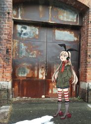 Rule 34 | 1girl, alternate costume, annin musou, bad id, bad twitter id, black hairband, blonde hair, blue skirt, chain, coat, earmuffs, full body, fur-trimmed coat, fur trim, gate, green coat, grey eyes, hairband, hands in pockets, highres, kantai collection, lock, long hair, looking up, microskirt, miniskirt, open mouth, padlock, photo background, pleated skirt, red scarf, rudder footwear, scarf, shimakaze (kancolle), skirt, solo, standing, striped clothes, striped thighhighs, thighhighs, wide shot