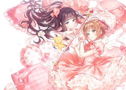 Rule 34 | 2girls, antenna hair, black hair, blush, bow, brown hair, cardcaptor sakura, closed mouth, commentary, creature, daidouji tomoyo, dress, flower, frilled pillow, frills, gloves, gomzi, green eyes, hair bow, heart, heart-shaped pillow, holding, holding wand, kero (cardcaptor sakura), kinomoto sakura, long hair, lying, multiple girls, on side, on stomach, pillow, pink bow, pink dress, polka dot, polka dot pillow, puffy short sleeves, puffy sleeves, purple eyes, short hair, short sleeves, sidelocks, signature, simple background, smile, very long hair, wand, white background, white flower, white gloves, white wings, wings, yume no tsue