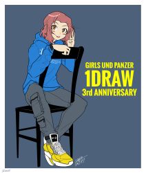 Rule 34 | 1girl, :p, absurdres, artist name, blue shirt, blush stickers, brown eyes, cargo pants, chair, clothes writing, commentary, copyright name, cross-laced footwear, dated, english text, girls und panzer, grey pants, highres, hood, hoodie, long sleeves, looking at viewer, medium hair, pants, print shirt, red hair, rosehip (girls und panzer), shirt, shoes, signature, sitting, sitting backwards, solo, tongue, tongue out, w, watch, wristwatch, yellow footwear, zono (inokura syuzo029)