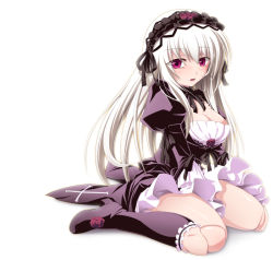 Rule 34 | 00s, 1girl, boots, breasts, cleavage, doll joints, dress, frills, gucchi, hairband, joints, knee boots, long hair, purple eyes, rozen maiden, solo, suigintou, white hair
