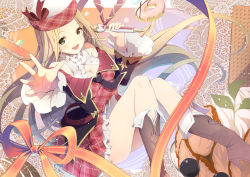 Rule 34 | 10s, 1girl, blonde hair, boots, breasts, cleavage, diola (granblue fantasy), doughnut, dress, food, granblue fantasy, green eyes, hat, highres, legs, long hair, long sleeves, looking at viewer, microphone, necktie, off shoulder, open mouth, plaid, plaid dress, red dress, ribbon, smile, solo, very long hair, wide sleeves, yoshino ryou