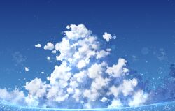 Rule 34 | absurdres, blue sky, chinese commentary, cloud, commentary, highres, light particles, no humans, original, outdoors, rune xiao, scenery, signature, sky, still life