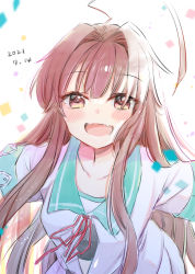 Rule 34 | 1girl, 2021, ahoge, blush, brown eyes, brown hair, commentary request, dated, facing viewer, fang, green sailor collar, hair intakes, highres, huge ahoge, kantai collection, kuma (kancolle), lip fang, long hair, mito (go!go!king!), neck ribbon, open mouth, red ribbon, ribbon, sailor collar, sailor shirt, school uniform, shirt, skin fang, smile, solo, upper body, very long hair, white background, white shirt