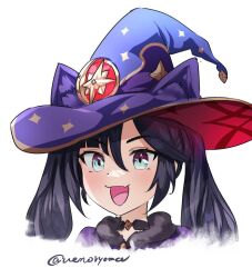 Rule 34 | 1girl, black choker, black hair, blue eyes, blue hat, choker, commentary request, genshin impact, hat, long hair, mona (genshin impact), simple background, solo, twintails, uenoryoma, white background, witch hat