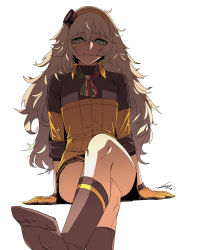Rule 34 | 1girl, arm support, bike shorts, black gloves, blonde hair, breasts, brown socks, crosse legs, feet, girls&#039; frontline, gloves, green eyes, hair between eyes, hair ornament, hairband, kneehighs, long hair, looking at viewer, messy hair, multicolored-neckwear, neckerchief, no shoes, parted lips, pleated skirt, s.a.t.8 (girls&#039; frontline), sidelocks, signature, simple background, sitting, skirt, sleeves rolled up, smile, smirk, socks, solo, sungwon, thighs, very long hair, white background