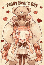 Rule 34 | 1girl, blush, bow, brown bow, brown cardigan, brown dress, brown ribbon, cardigan, collar, curly hair, dress, english text, hair bow, hair ornament, hairpin, heart, holding, holding stuffed toy, light brown background, lolita fashion, long hair, long sleeves, looking at viewer, multiple hairpins, object on head, one eye closed, orange bow, orange eyes, orange hair, original, outside border, parted lips, ribbon, sakano machi, solo, stuffed animal, stuffed toy, sweet lolita, teddy bear, two-tone dress, white collar
