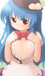Rule 34 | 1girl, black hat, blue hair, blush, bow, bowtie, center frills, collared shirt, commentary request, cowboy shot, emurin, flat chest, frills, hair between eyes, hat, hinanawi tenshi, leaf hat ornament, long hair, looking at viewer, nose blush, open clothes, open mouth, open shirt, peach hat ornament, puffy short sleeves, puffy sleeves, red bow, red bowtie, red eyes, shirt, short sleeves, solo, touhou