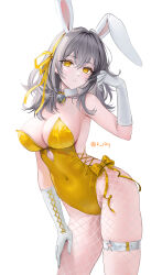 Rule 34 | 1girl, animal ears, breasts, covered navel, cowboy shot, detached collar, elbow gloves, fake animal ears, fishnet pantyhose, fishnets, gloves, grey hair, hand on own thigh, highres, honkai: star rail, honkai (series), large breasts, leotard, looking at viewer, pantyhose, playboy bunny, rabbit ears, rity, simple background, solo, stelle (honkai: star rail), thighs, trailblazer (honkai: star rail), white background, white gloves, yellow eyes, yellow leotard