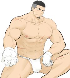 Rule 34 | 1boy, abs, bara, beckoning, black hair, bulge, character request, facial hair, feet out of frame, fundoshi, gloves, goatee, highres, japanese clothes, large pectorals, male focus, male underwear, mature male, muscular, muscular male, navel, nipples, pectorals, porkjinta, scar, scar on arm, scar on chest, scar on face, scar on leg, scar on nose, short hair, solo, stomach, thick thighs, thighs, tokyo houkago summoners, undercut, underwear, underwear only, white background, white gloves, white male underwear, yoritomo (housamo)