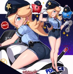 Rule 34 | 1girl, absurdres, alternate costume, arm up, artist name, ass, belt pouch, black necktie, blonde hair, blue eyes, blue shirt, breasts, collared shirt, cuffs, earrings, gloves, hair over one eye, hand on headwear, handcuffs, hat, highres, holding, holding handcuffs, jewelry, legs, lips, long hair, luma (mario), mario (series), medium breasts, motor vehicle, motorcycle, multiple views, necktie, nintendo, parted lips, peaked cap, police, police badge, police hat, police uniform, pouch, rosalina, sarukaiwolf, shirt, short shorts, shorts, star (symbol), star earrings, starry background, super mario galaxy, taut clothes, thighs, uniform, white gloves
