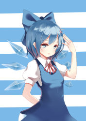 Rule 34 | 1girl, absurdres, anhao, arm behind back, blue dress, blue eyes, blue hair, bow, breasts, cirno, collared shirt, cowboy shot, dress, eyebrows, hair bow, hand to head, highres, looking at viewer, matching hair/eyes, open mouth, petals, puffy short sleeves, puffy sleeves, red ribbon, ribbon, shirt, short hair, short sleeves, sleeveless, sleeveless dress, small breasts, solo, striped, striped background, touhou