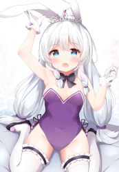 Rule 34 | 1girl, :o, ahoge, animal ears, black bow, black bowtie, black footwear, blue eyes, blush, bow, bowtie, breasts, bridal garter, collar, commentary request, commission, fake animal ears, full body, highres, leotard, long hair, pixiv commission, playboy bunny, purple leotard, rabbit ears, shoes, sitting, small breasts, solo, soulworker, stella unibell, strapless, strapless leotard, thighhighs, tiara, tutsucha illust, twintails, very long hair, wariza, white collar, white hair, white thighhighs