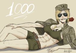Rule 34 | 1girl, abs, absurdres, androgynous, artist request, blood, character request, copyright request, flower, highres, military, military uniform, rose, solo, source request, sunglasses, tagme, tomboy, uniform, watermark