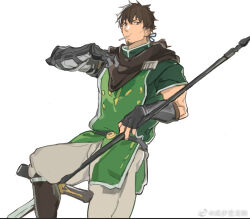 Rule 34 | 1boy, black cape, black gloves, blue ribbon, boots, brown hair, cape, cigarette, facial hair, fate/grand order, fate (series), gloves, goatee, green tabard, green tunic, grey pants, hector (fate), holding, holding polearm, holding weapon, lance, luboyaqqz, male focus, mouth hold, pants, polearm, ponytail, ribbon, simple background, solo, tabard, weapon, weibo logo, white background