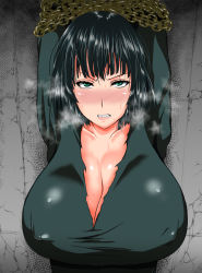Rule 34 | 1girl, arms up, bdsm, black hair, blush, bondage, bound, breasts, breath, chain, cleavage, clenched teeth, covered erect nipples, fubuki (one-punch man), green eyes, heavy breathing, huge breasts, one-punch man, ozyasadayo, prisoner, solo, steam, sweat, teeth, torn clothes, upper body
