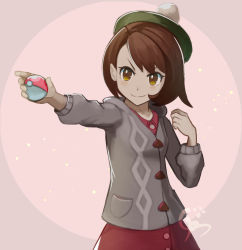 Rule 34 | 1girl, ball, breasts, brown eyes, brown hair, cowboy shot, creatures (company), game freak, gloria (pokemon), grey sweater, hat, highres, holding, holding ball, holding poke ball, long sleeves, nintendo, pink background, poke ball, poke ball (basic), pokemon, pokemon swsh, short hair, simple background, skirt, small breasts, smirk, solo, sweater, tetuhebi