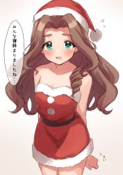 Rule 34 | 1girl, arms behind back, bare shoulders, blush, breasts, brown hair, cleavage, collarbone, dress, forehead, hat, highres, idolmaster, idolmaster cinderella girls, kahiika, kusakabe wakaba, looking at viewer, parted bangs, red dress, red hat, santa costume, santa hat, small breasts, smile, solo, speech bubble, strapless, strapless dress, thick eyebrows, translation request, wavy hair