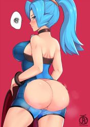 Rule 34 | 1girl, ass, ass cutout, blue bodysuit, blue eyes, blue hair, blush, bodysuit, bracelet, breasts, brown choker, cape, choker, clair (pokemon), cleft of venus, closed mouth, clothing cutout, commentary, creatures (company), english commentary, from behind, game freak, gym leader, hair tie, holding, holding cape, holding clothes, jewelry, light blue hair, long hair, looking back, motion blur, nintendo, pokemon, pokemon hgss, ponytail, pussy, pussy juice, revolverwing, shoulder blades, solo, spoken squiggle, squiggle, steam, sweatdrop, watermark