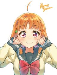 Rule 34 | 1girl, ahoge, ahoge wag, bad id, bad pixiv id, blush, bow, clover hair ornament, commentary request, expressive hair, fingernails, hair ornament, hairpin, hands on own face, highres, looking at viewer, love live!, love live! sunshine!!, orange hair, red bow, red eyes, school uniform, serafuku, signature, simple background, sleeves past wrists, smile, solo, takami chika, takenoko no you, upper body, uranohoshi school uniform, white background