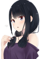 Rule 34 | 1girl, alternate hairstyle, bare shoulders, black hair, blue eyes, blush, breasts, cleavage, collar, collarbone, eyes visible through hair, flying sweatdrops, hair between eyes, hair over shoulder, hand up, highres, idolmaster, idolmaster shiny colors, jewelry, kazano hiori, looking at viewer, low twintails, medium breasts, necklace, off shoulder, open mouth, purple shirt, ryouta (ryouta335), shirt, short twintails, sidelocks, solo, twintails, upper body