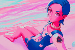 Rule 34 | 1girl, absurdres, barefoot, choker, collarbone, conejologia, crying, dress, eureka (eureka seven), eureka seven (series), eyelashes, hair ornament, hairclip, highres, knees up, limited palette, looking at viewer, shell, shore, short dress, short hair, signature, sitting, smile, solo, thigh strap