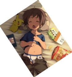 Rule 34 | 1boy, artist request, bed, blue shirt, briefs, brown hair, brown pants, character request, child, classic fly briefs, clothes lift, creatures (company), food, game freak, gen 1 pokemon, handheld game console, highres, lifting own clothes, lying, male focus, male underwear, midriff, navel, nintendo, nintendo ds, on back, open clothes, open fly, open mouth, open pants, pants, pikachu, pillow, pokemon, pokemon (creature), print briefs, print clothes, print male underwear, print underwear, saliva, shirt, shirt lift, short hair, short sleeves, sleeping, solo, source request, unbuttoned, underwear, white briefs, white male underwear